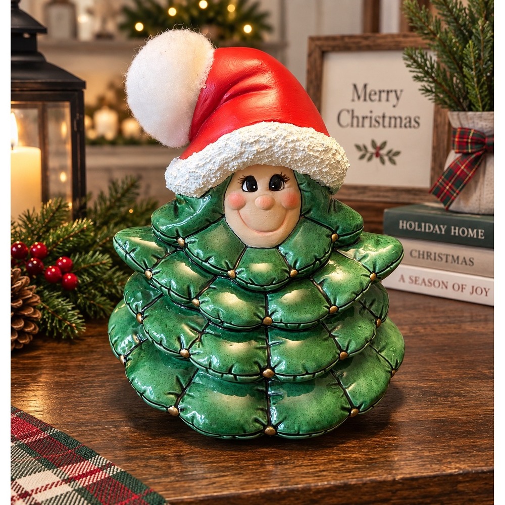 Whimsical Ceramic Christmas Tree Lady Figurine Santa Hat Pom Pom Holiday Decor